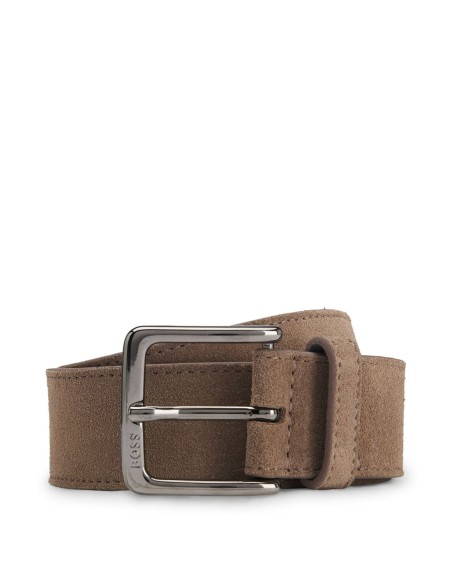 SUEDE BELT WITH LOGO-ENGRAVED GUNMETAL BUCKLE
