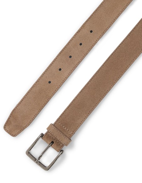 SUEDE BELT WITH LOGO-ENGRAVED GUNMETAL BUCKLE