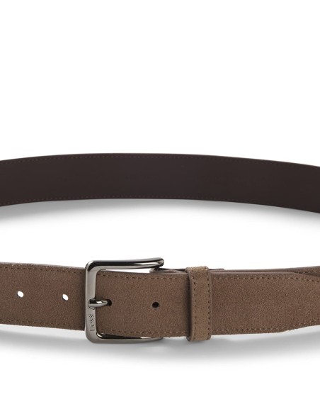 SUEDE BELT WITH LOGO-ENGRAVED GUNMETAL BUCKLE
