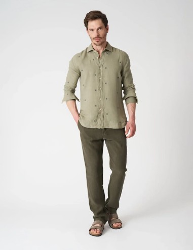 EMBROIDERED CACTUS SLIM FIT LINEN SHIRT