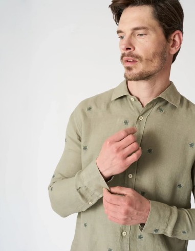 EMBROIDERED CACTUS SLIM FIT LINEN SHIRT