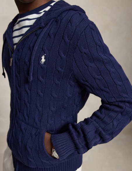 CABLE-KNIT COTTON HOODED JUMPER