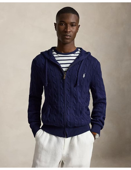 CABLE-KNIT COTTON HOODED JUMPER
